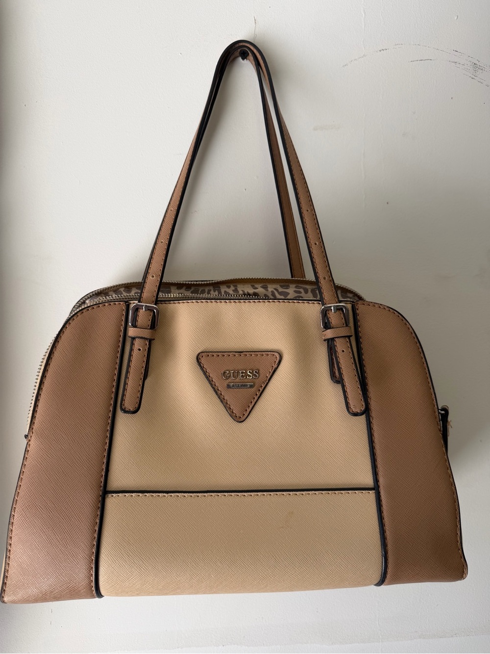 GUESS Two-Tone Tan & Beige Structured Shoulder Bag